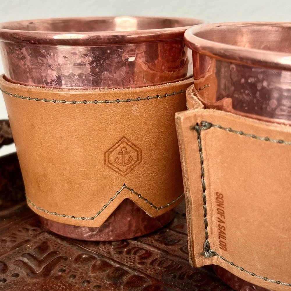 Son of a Sailor x Sertodo Copper Hammered Tumblers with Leather Sleeves Set of 2
